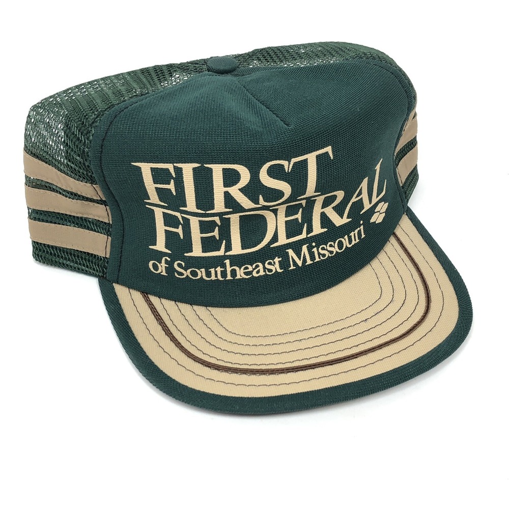 Vintage 3 Stripe Trucker Hat Cap Snap Back Side USA 80s Green Federal Bank Side